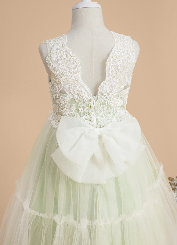 Robe Pastel Verte Col V Dentelle Enfant - gallery 4