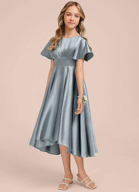 Robe Pastel Bleue Satin Trapèze Junior - gallery 3