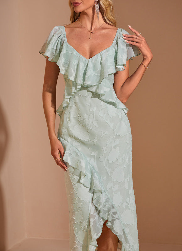 Robe Pastel Verte À Volants Midi - gallery 2