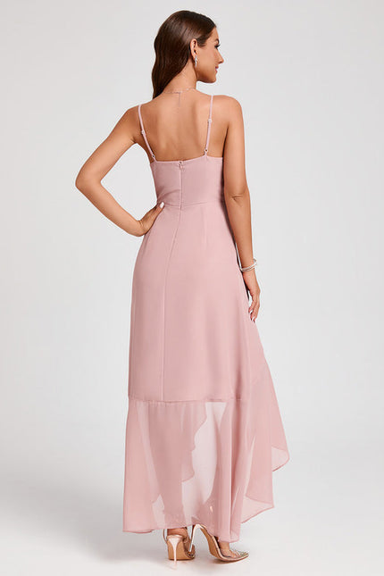 Robe Pastel Rose Col V Asymétrique À Volants - gallery 3