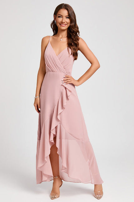 Robe Pastel Rose Col V Asymétrique À Volants - gallery 7