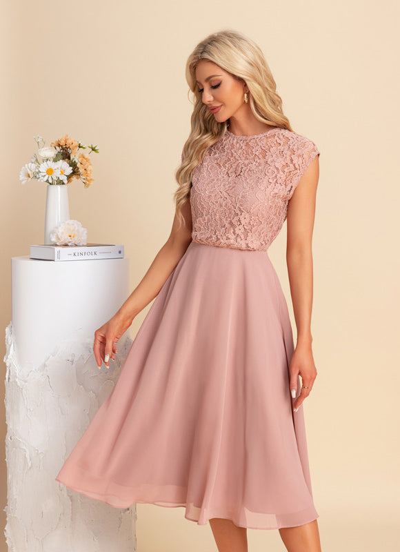 Robe Pastel Blush Dentelle Mousseline Midi - gallery 4