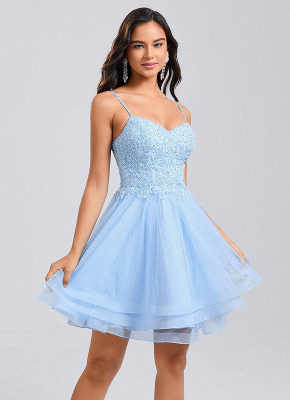 Robe Pastel Bleue Col V Dentelle Tulle - gallery 3