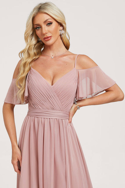 Robe Pastel Rose Décolleté Épaules Volants - gallery 3