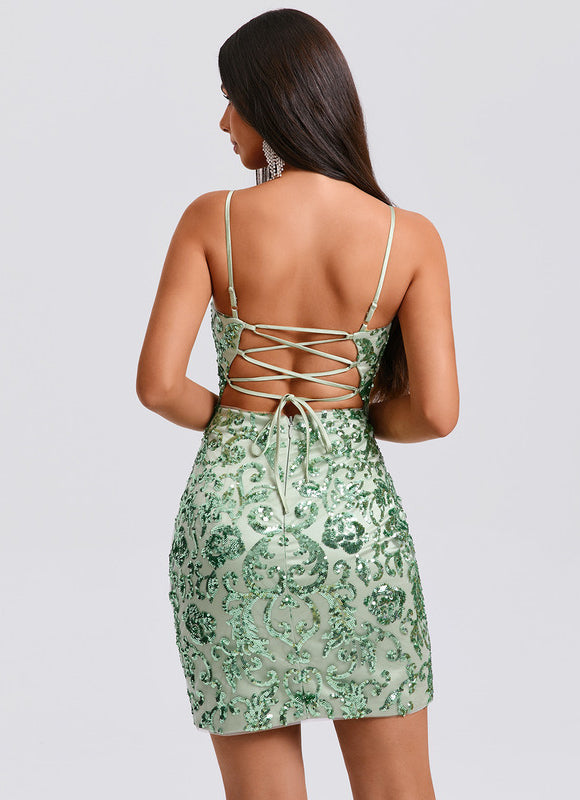 Robe Pastel Verte Moulante Pailletée - gallery 4