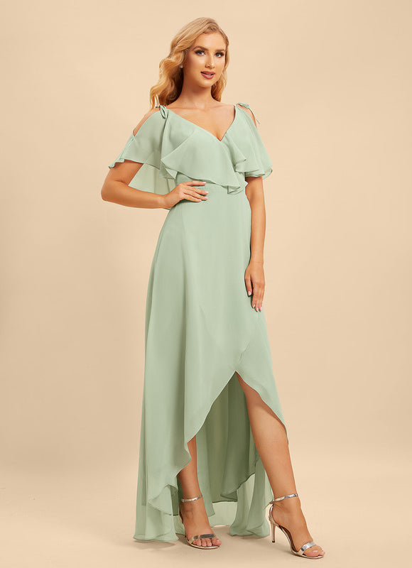 Robe Pastel Bleu Asymétrique Col V Volants - gallery 6