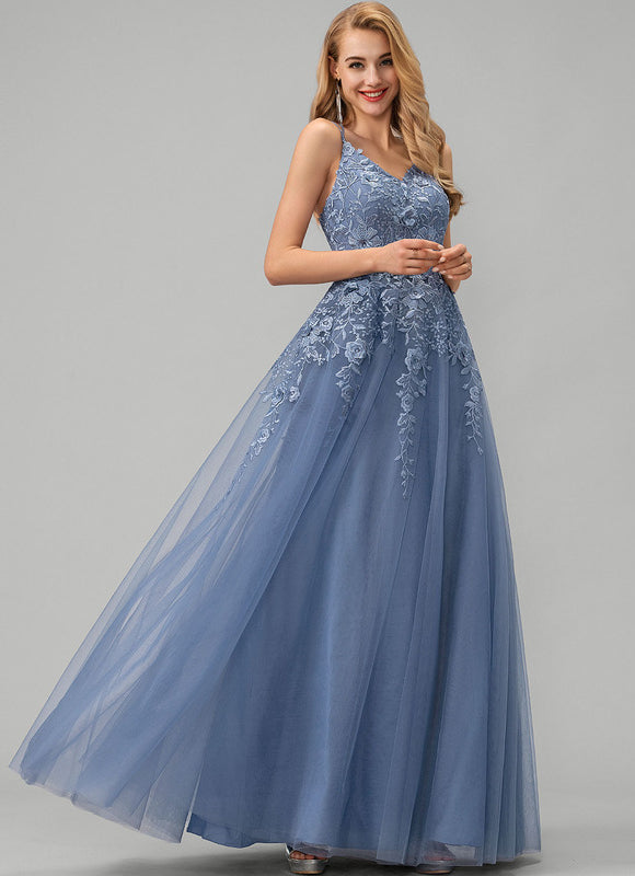 Robe Pastel Bleu Col V Tulle Longue - gallery 3