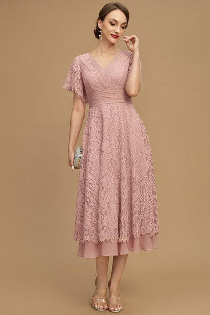 Robe Pastel Rose Col V Longueur Mollet - gallery 5