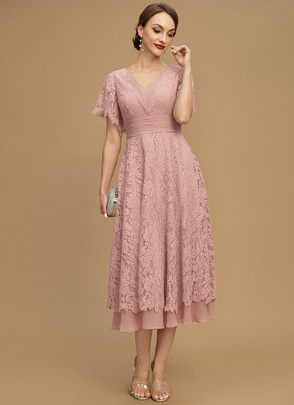 Robe Pastel Rose Col V Longueur Mollet - gallery 5