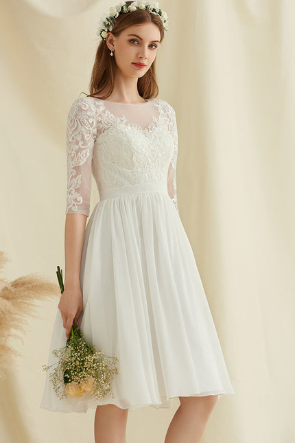 Robe Pastel Blanche Dentelle Mousseline Genou - gallery 4