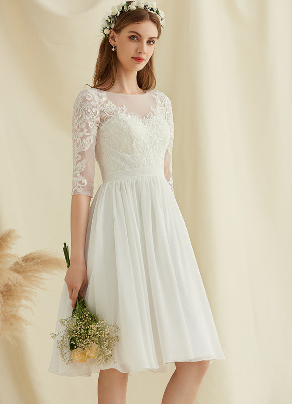 Robe Pastel Blanche Dentelle Mousseline Genou - gallery 4