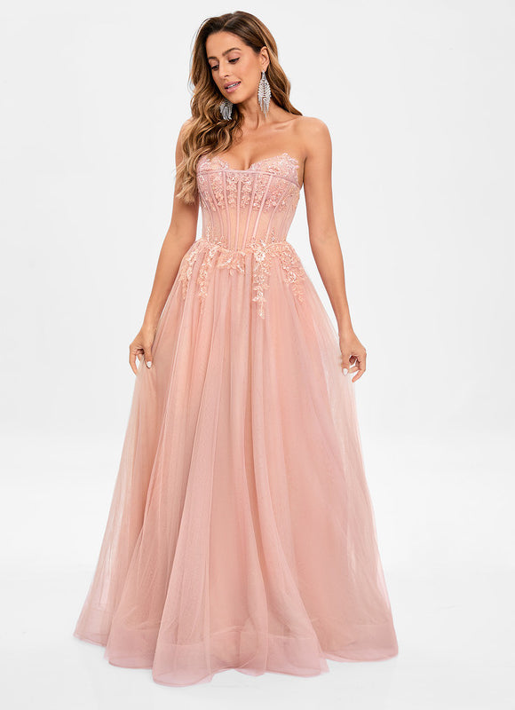 Robe Pastel Rose Col V Tulle Paillettes - gallery 6