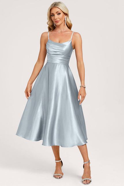 Robe Pastel Satin Bleu Ciel Trapèze - gallery 2