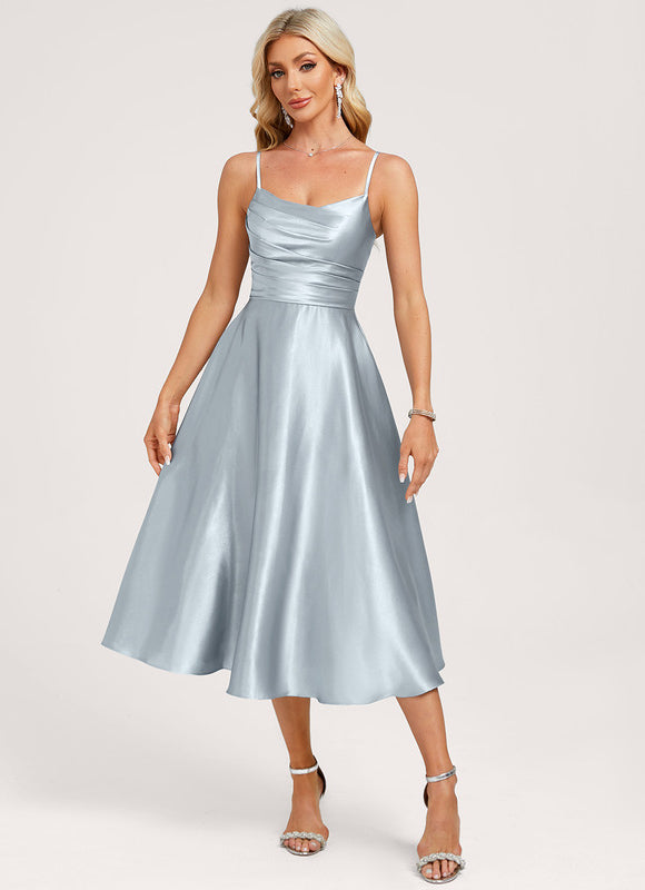 Robe Pastel Satin Bleu Ciel Trapèze - gallery 2