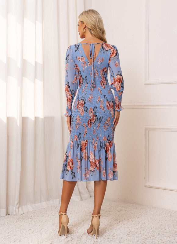 Robe Pastel Bleu Imprimé Fleurs Midi - gallery 1