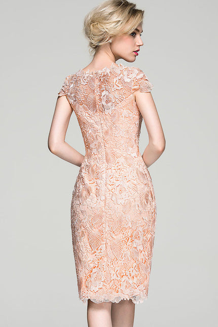 Robe Pastel Saumon Moulante Dentelle Cocktail - gallery 4