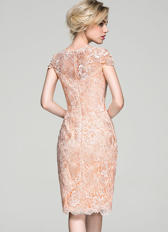 Robe Pastel Saumon Moulante Dentelle Cocktail - gallery 4