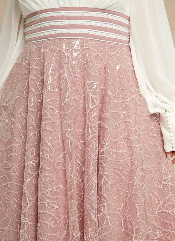 Robe Pastel Rose Longueur Mollet Dentelle - gallery 9