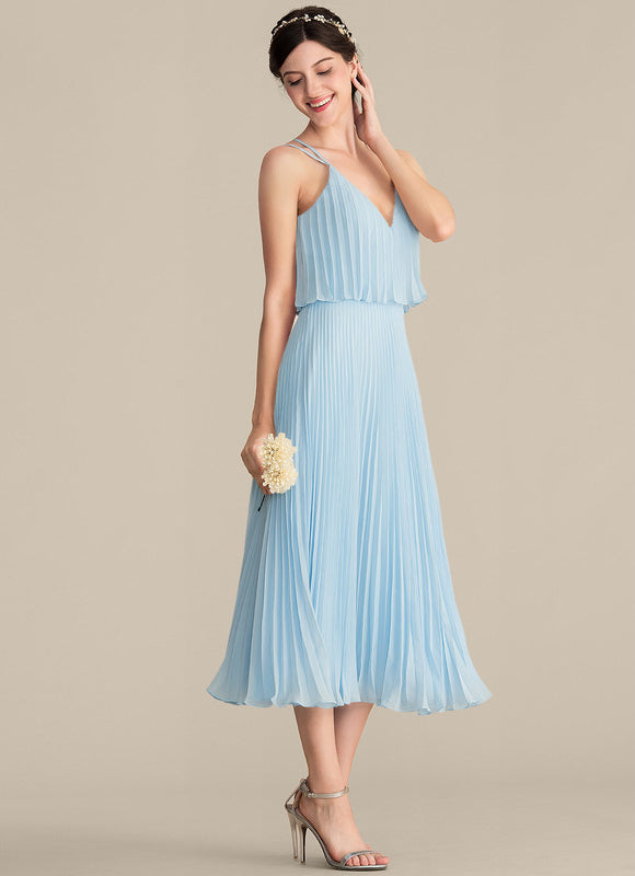 Robe Pastel Bleu Col V Trapèze Plissée