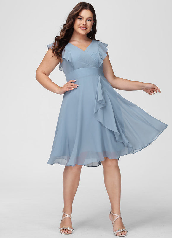 Robe Pastel Bleu Col V Mousseline Volants - gallery 5
