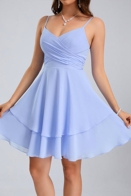 Robe Pastel Bleu Col V Trapèze Mousseline - gallery 1