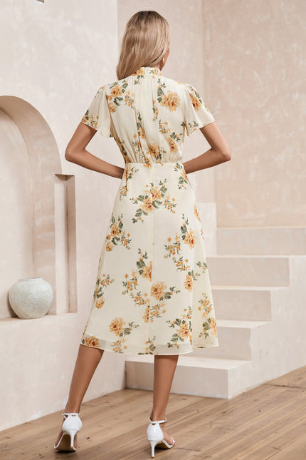 Robe Pastel Beige Fleurs Col Montant - gallery 1