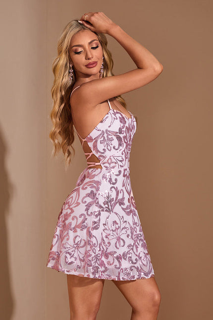 Robe Pastel Rose Paillette Mini Trapèze - gallery 2