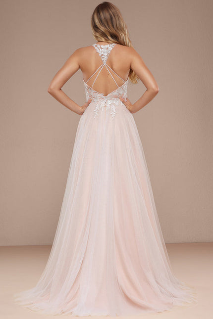 Robe Pastel Rose Traîne Dentelle Paillettes - gallery 4