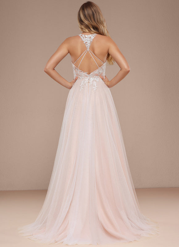 Robe Pastel Rose Traîne Dentelle Paillettes - gallery 4