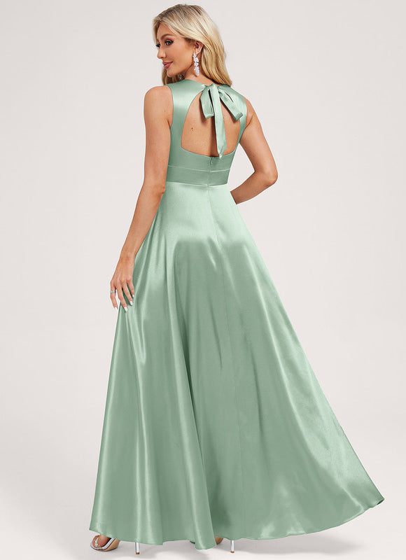 Robe Pastel Vert Satin Trapèze Élégante - gallery 2