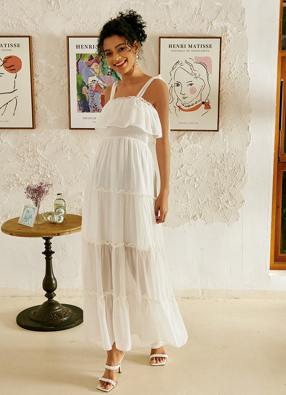 Robe Pastel Blanche Maxi Trapèze Mousseline - gallery 3