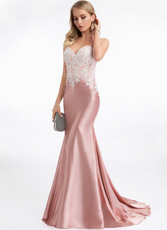 Robe Pastel Rose Sirène Dentelle Satin