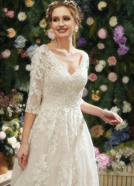 Robe Pastel Rose Traîne Tulle Dentelle