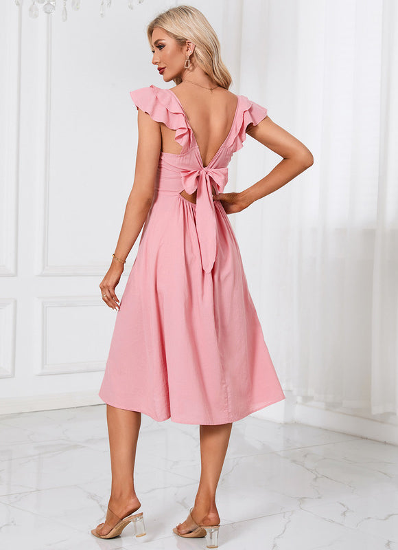 Robe Pastel Rose À Volants Midi - gallery 5