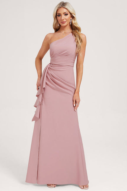 Robe Pastel Rose Décolleté Asymétrique Élégante - gallery 2