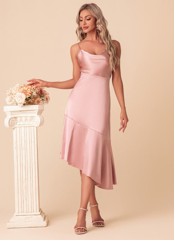 Robe Pastel Rose Satin Asymétrique Midi - gallery 1