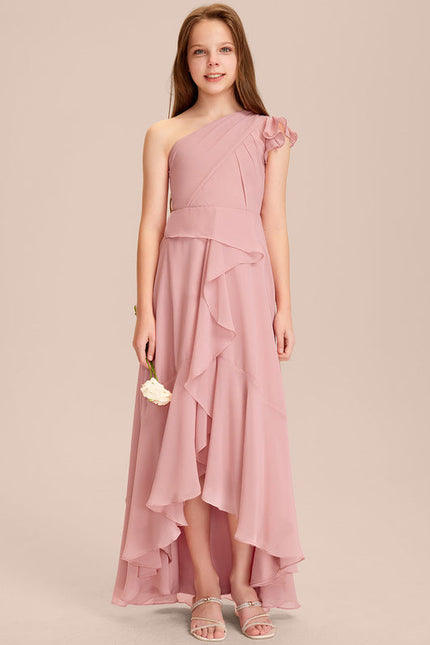 Robe Pastel Rose Décolleté Asymétrique Volants