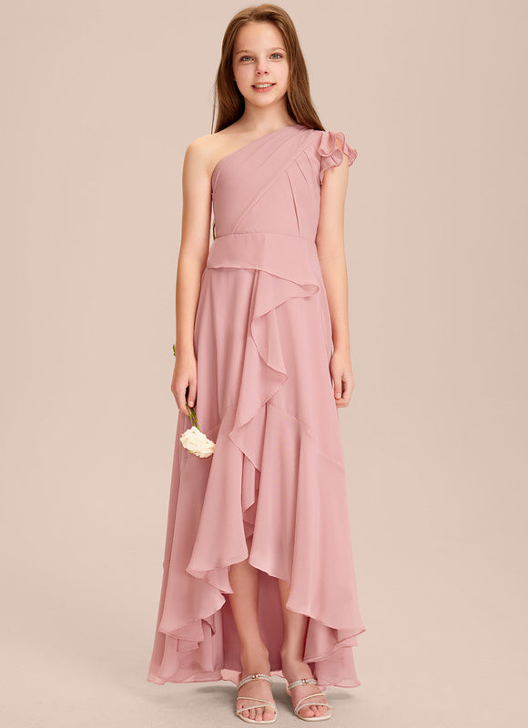 Robe Pastel Rose Décolleté Asymétrique Volants