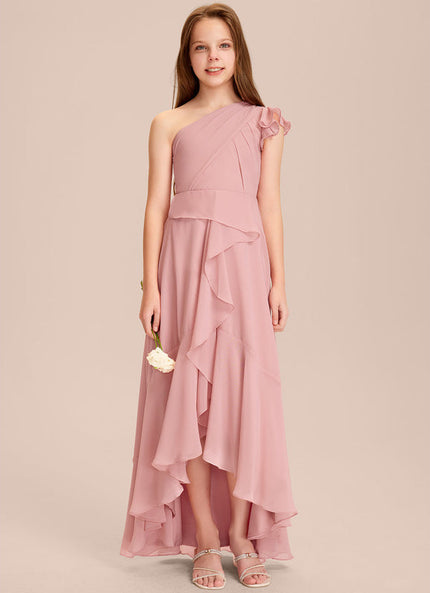 Robe Pastel Rose Décolleté Asymétrique Volants