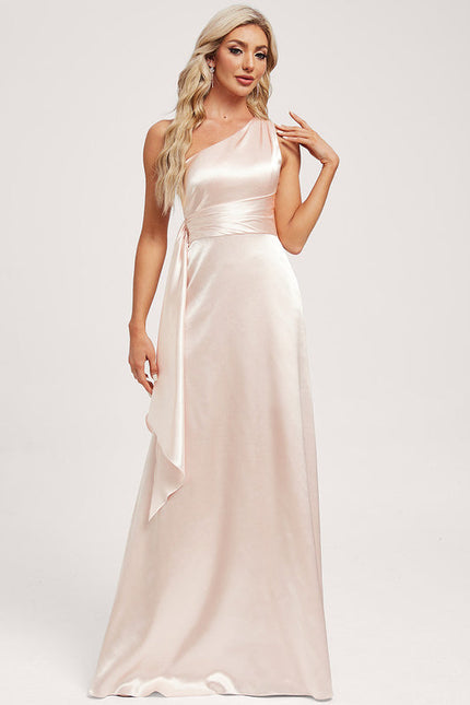 Robe Pastel Rose Décolleté Asymétrique Satin