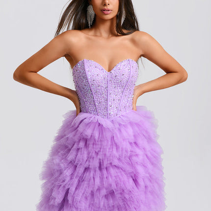 Robe Pastel Violet Paillettes Tulle Court
