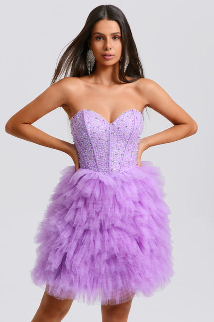 Robe Pastel Violet Paillettes Tulle Court
