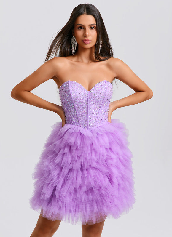 Robe Pastel Violet Paillettes Tulle Court