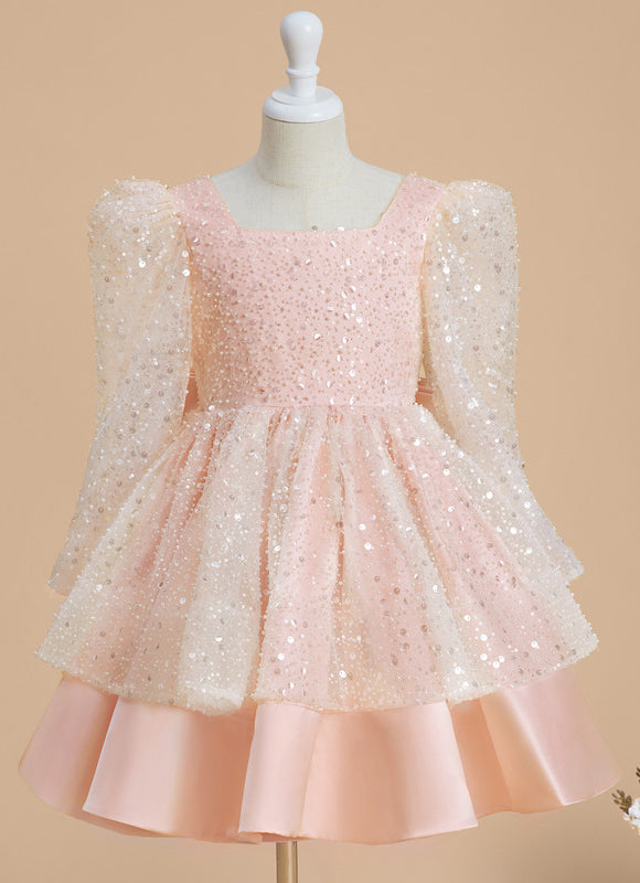 Robe Pastel Rose Paillettes Col Carré