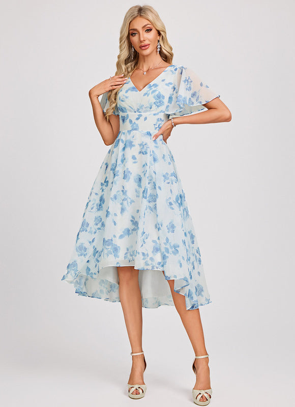 Robe Pastel Bleu Asymétrique Col V Volants - gallery 1