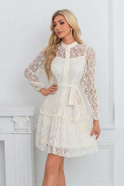Robe Pastel Écrue Col Montant Dentelle - gallery 3