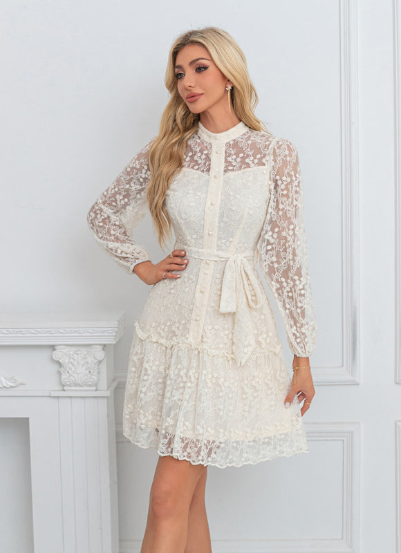 Robe Pastel Écrue Col Montant Dentelle - gallery 3