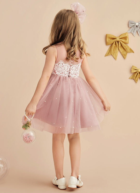 Robe Pastel Rose Trapèze Dentelle Mariage Fille - gallery 9