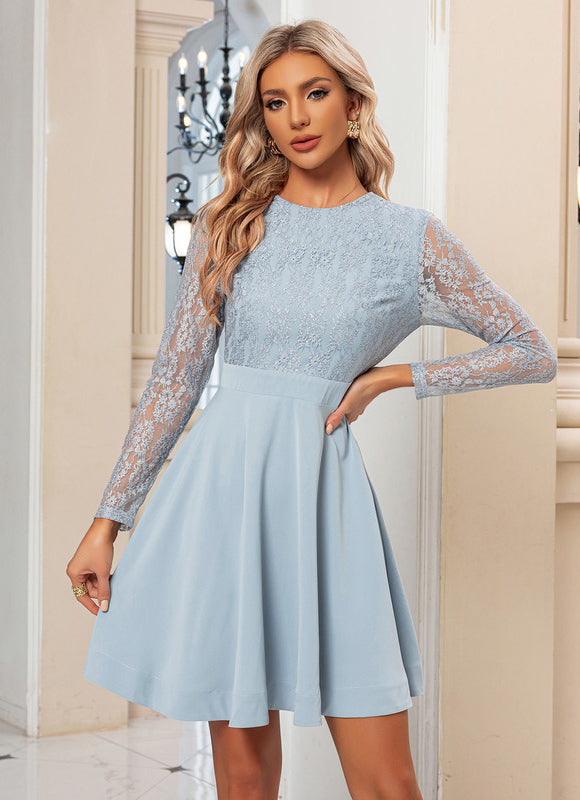 Robe Pastel Bleu Col Rond Dentelle - gallery 4