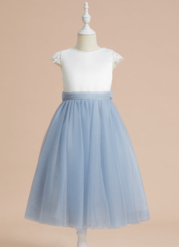 Robe Pastel Bleu Col Rond Satin Tulle - gallery 1